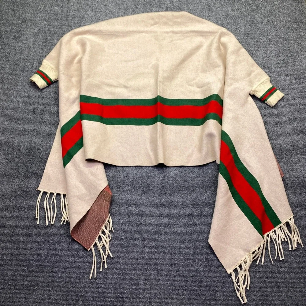 Burberry London England Reversible Poncho Cape Cream Red Green Stripe